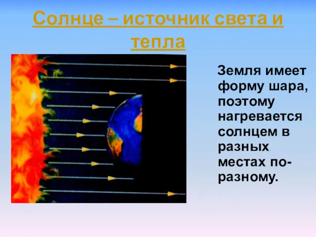 Солнце – источник света и тепла Земля имеет форму шара,