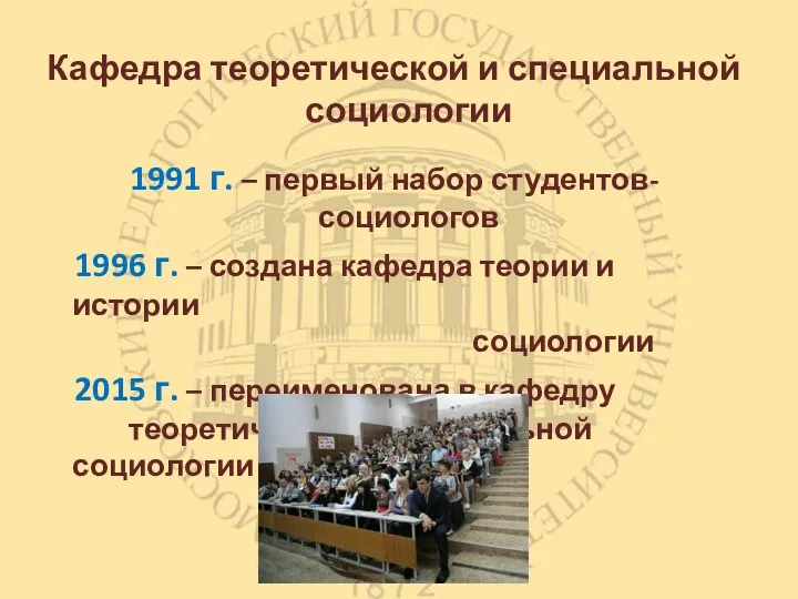 Кафедра теоретической и специальной социологии 1991 г. – первый набор
