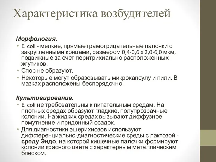 Характеристика возбудителей Морфология. E. coli - мелкие, прямые грамотрицательные палочки