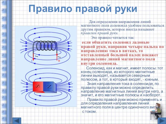 Правило правой руки Для определения направления линий магнитного поля соленоида