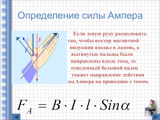 Определение силы Ампера Если левую руку расположить так, чтобы вектор