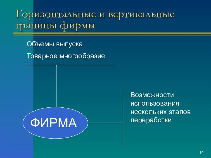 Горизонтальные и вертикальные границы фирмы ФИРМА Объемы выпуска Товарное многообразие Возможности использования нескольких этапов переработки