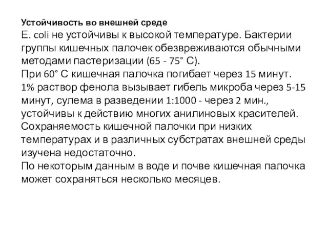 Устойчивость во внешней среде Е. coli не устойчивы к высокой