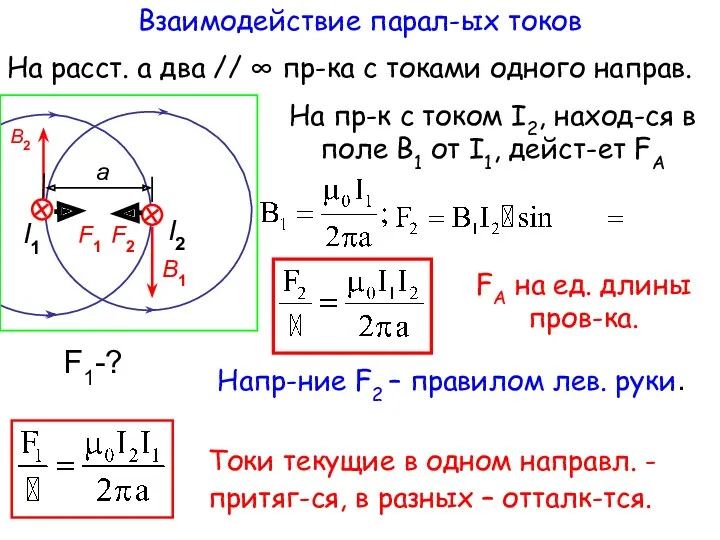 FA на ед. длины пров-ка. Взаимодействие парал-ых токов B1 B2