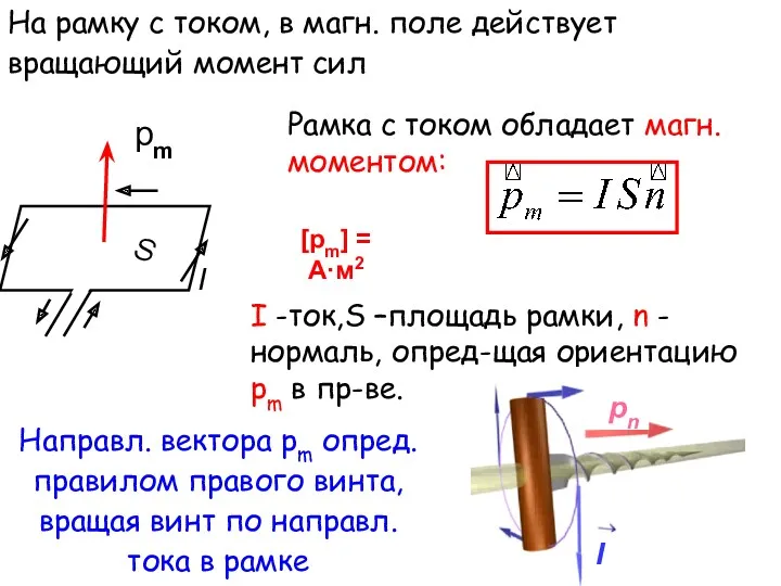 На рамку с током, в магн. поле действует вращающий момент