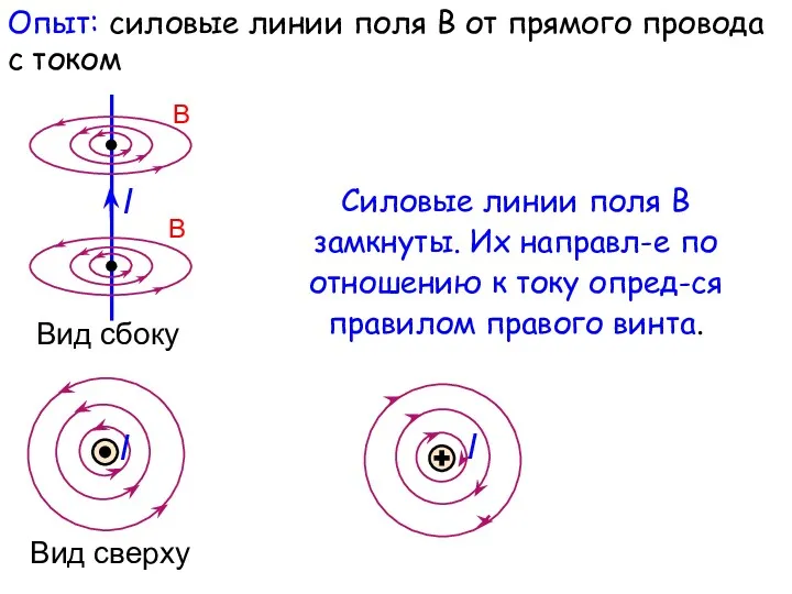 I Опыт: силовые линии поля В от прямого провода с