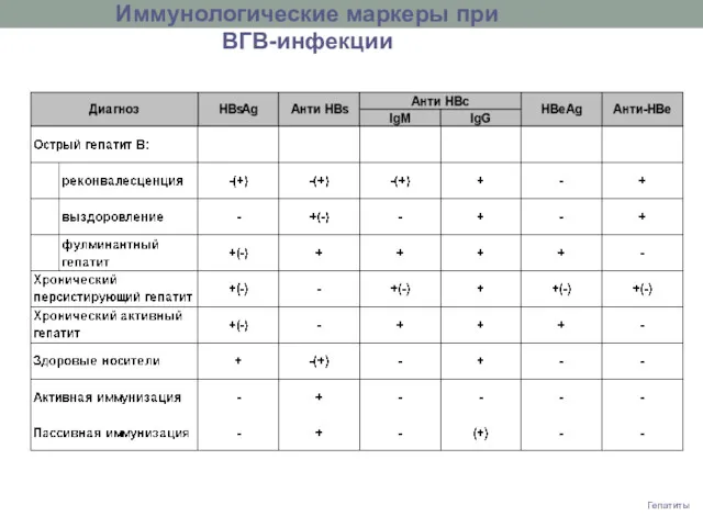 Гепатиты Иммунологические маркеры при ВГВ-инфекции