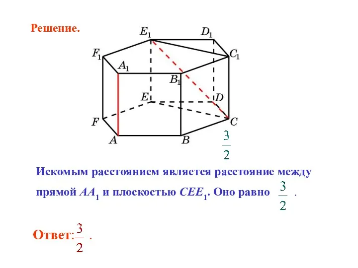 Искомым расстоянием является расстояние между прямой AA1 и плоскостью CEE1. Оно равно . Решение.