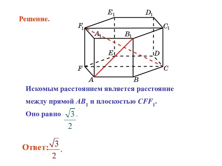 Искомым расстоянием является расстояние между прямой AB1 и плоскостью CFF1. Оно равно . Решение.