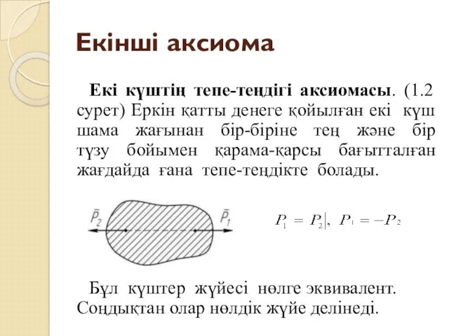 Екінші аксиома Екі күштің тепе-теңдігі аксиомасы. (1.2 сурет) Еркін қатты
