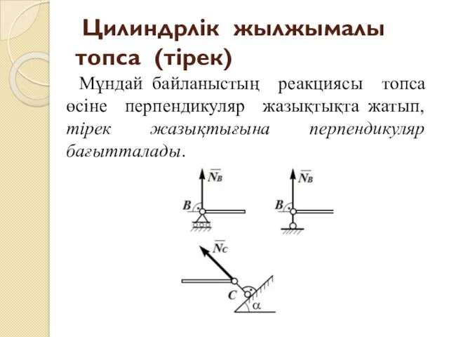 Цилиндрлік жылжымалы топса (тірек) Мұндай байланыстың реакциясы топса өсіне перпендикуляр жазықтықта жатып, тірек жазықтығына перпендикуляр бағытталады.