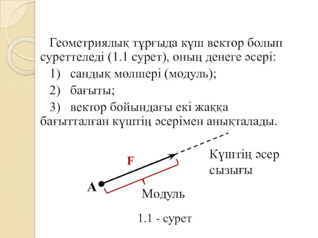 Геометриялық тұрғыда күш вектор болып суреттеледі (1.1 сурет), оның денеге