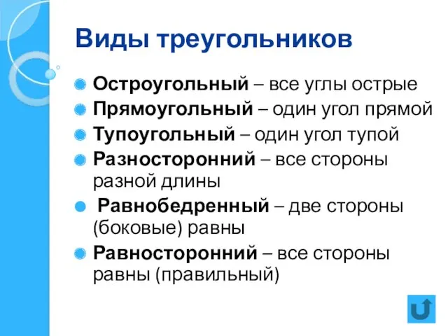 Виды треугольников Остроугольный – все углы острые Прямоугольный – один