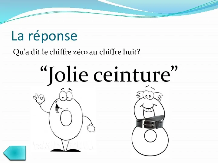 La réponse Qu'a dit le chiffre zéro au chiffre huit? “Jolie ceinture”