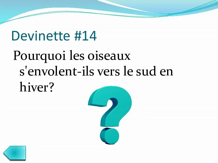 Devinette #14 Pourquoi les oiseaux s'envolent-ils vers le sud en hiver?