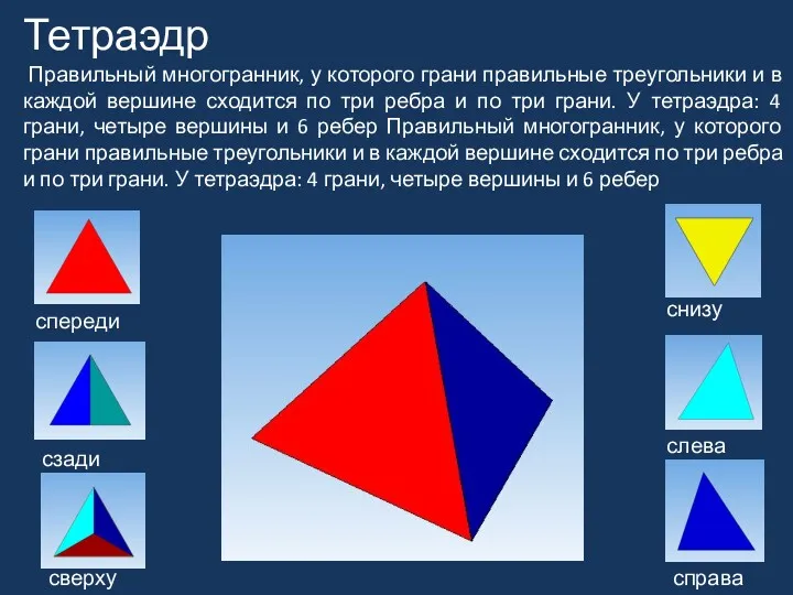 Тетраэдр Правильный многогранник, у которого грани правильные треугольники и в