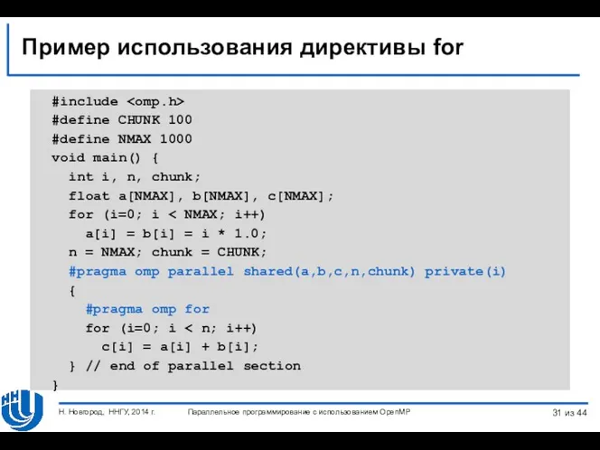 Пример использования директивы for #include #define CHUNK 100 #define NMAX