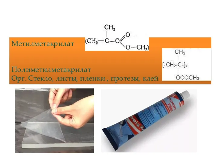 Метилметакрилат Полиметилметакрилат Орг. Стекло, листы, пленки , протезы, клей