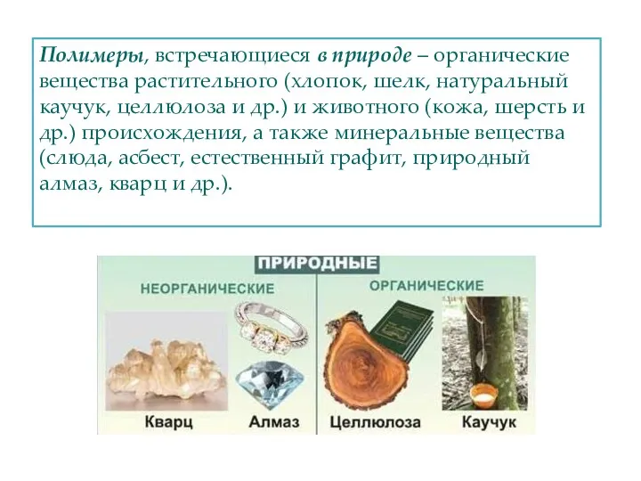 Полимеры, встречающиеся в природе – органические вещества растительного (хлопок, шелк,