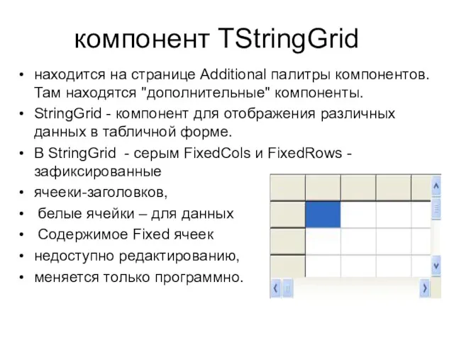 компонент TStringGrid находится на странице Additional палитры компонентов. Там находятся