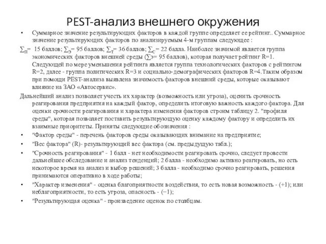 PEST-анализ внешнего окружения Суммарное значение результирующих факторов в каждой группе