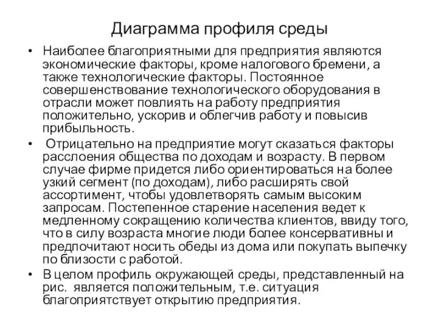 Диаграмма профиля среды Наиболее благоприятными для предприятия являются экономические факторы, кроме налогового бремени,