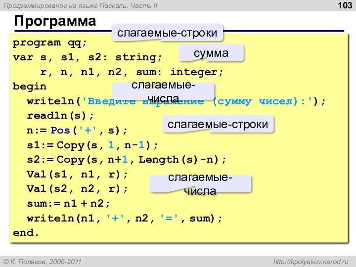 Программа program qq; var s, s1, s2: string; r, n,