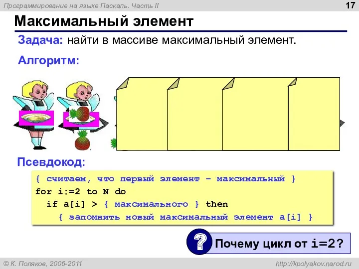 Максимальный элемент Задача: найти в массиве максимальный элемент. Алгоритм: Псевдокод: