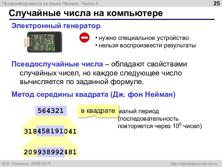 Случайные числа на компьютере Электронный генератор нужно специальное устройство нельзя воспроизвести результаты 318458191041