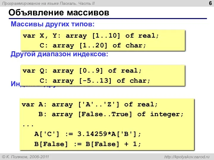 Объявление массивов Массивы других типов: Другой диапазон индексов: Индексы других типов: var X,