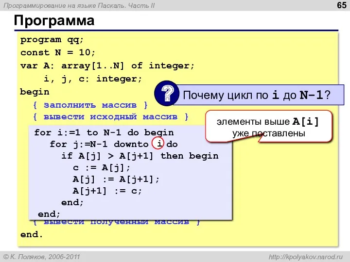 Программа program qq; const N = 10; var A: array[1..N] of integer; i,