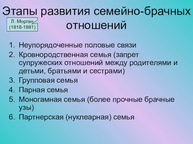 Этапы развития семейно-брачных отношений Неупорядоченные половые связи Кровнородственная семья (запрет