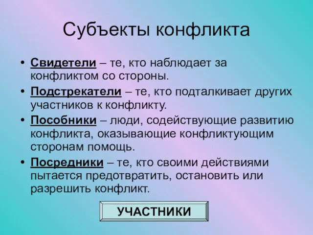 Субъекты конфликта Свидетели – те, кто наблюдает за конфликтом со