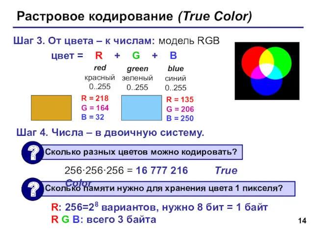 Растровое кодирование (True Color) Шаг 3. От цвета – к