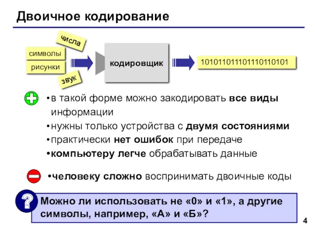 Двоичное кодирование в такой форме можно закодировать все виды информации