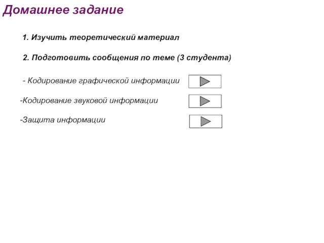 Домашнее задание 1. Изучить теоретический материал 2. Подготовить сообщения по