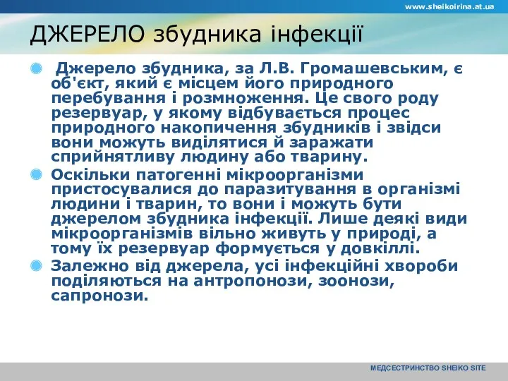 www.sheikoirina.at.ua МЕДСЕСТРИНСТВО SHEIKO SITE ДЖЕРЕЛО збудника інфекції Джерело збудника, за