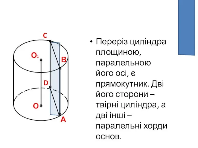 Переріз циліндра площиною, паралельною його осі, є прямокутник. Дві його сторони – твірні