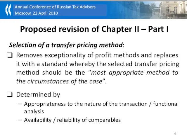 Proposed revision of Chapter II – Part I Selection of a transfer pricing