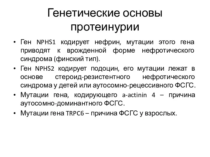 Генетические основы протеинурии Ген NPHS1 кодирует нефрин, мутации этого гена