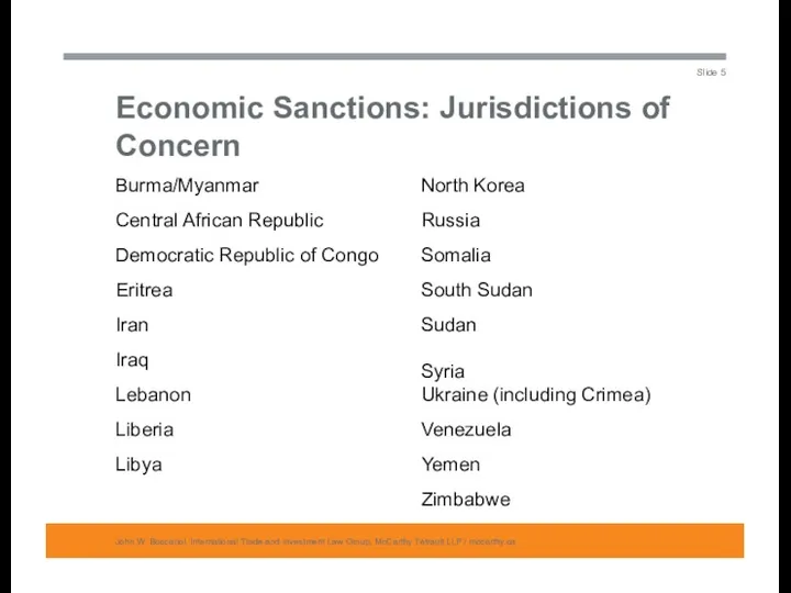 Economic Sanctions: Jurisdictions of Concern John W. Boscariol, International Trade