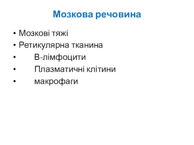 Мозкова речовина Мозкові тяжі Ретикулярна тканина В-лімфоцити Плазматичні клітини макрофаги