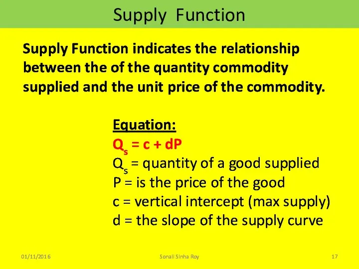 Supply Function 01/11/2016 Sonali Sinha Roy Supply Function indicates the