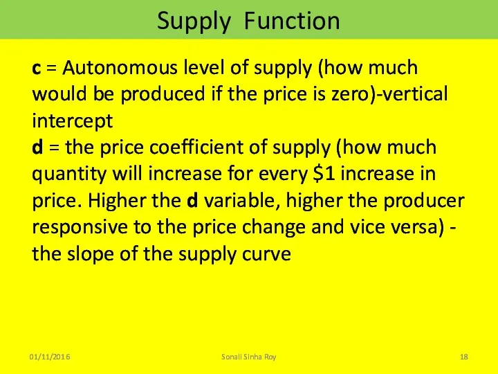 Supply Function 01/11/2016 Sonali Sinha Roy c = Autonomous level