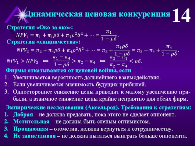 Динамическая ценовая конкуренция 14 Стратегия «Око за око»: Стратегия «хищничества»: