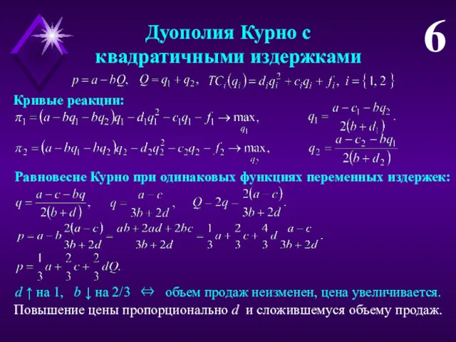 Дуополия Курно с квадратичными издержками 6 Кривые реакции: Равновесие Курно