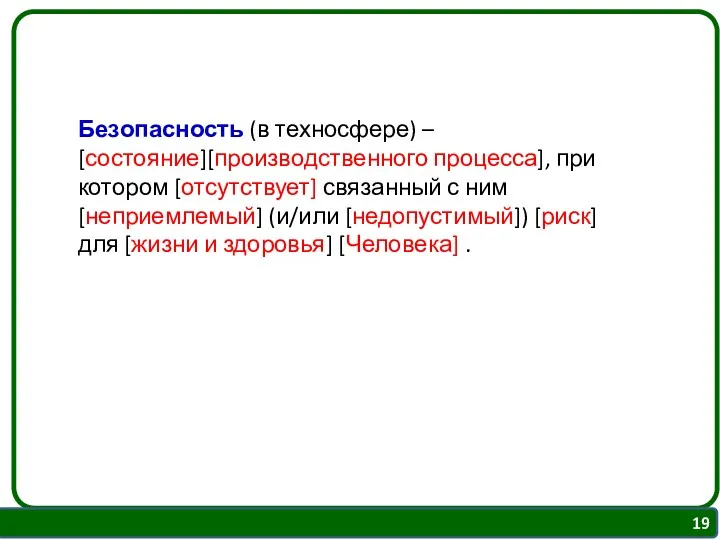 Безопасность (в техносфере) – [состояние][производственного процесса], при котором [отсутствует] связанный