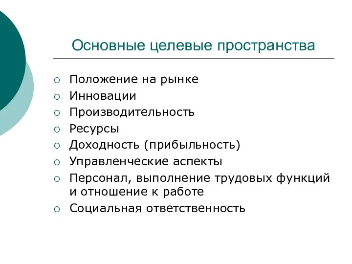 Основные целевые пространства Положение на рынке Инновации Производительность Ресурсы Доходность