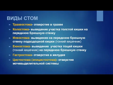 ВИДЫ СТОМ Трахеостома- отверстие в трахее Колостома- выведение участка толстой