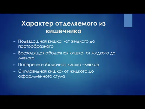 Характер отделяемого из кишечника Подвздошная кишка -от жидкого до пастообразного Восходящая ободочная кишка-